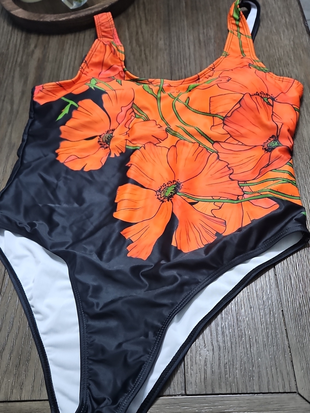 One-Piece Swimsuit with Orange Floral Print